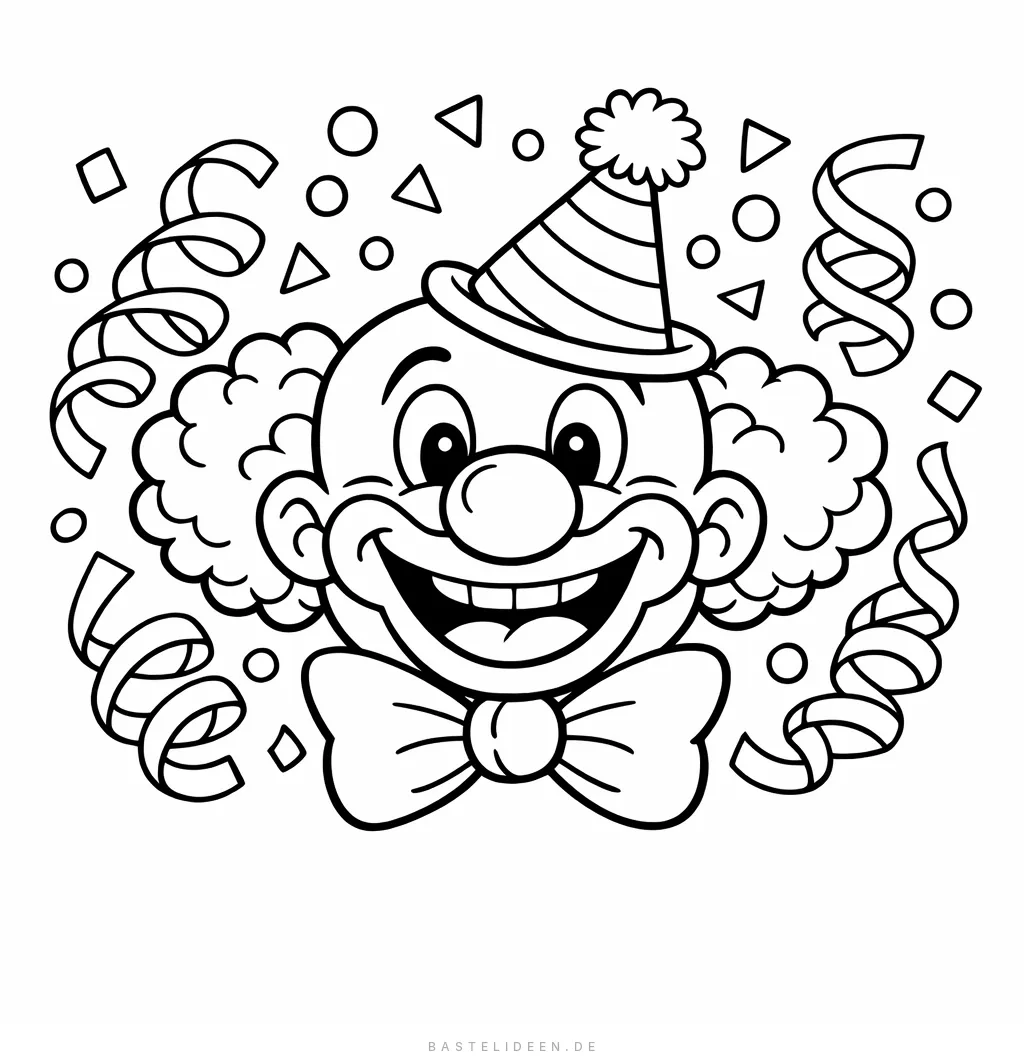 Lustiges Clown-Gesicht umgeben von Konfetti und Luftschlangen