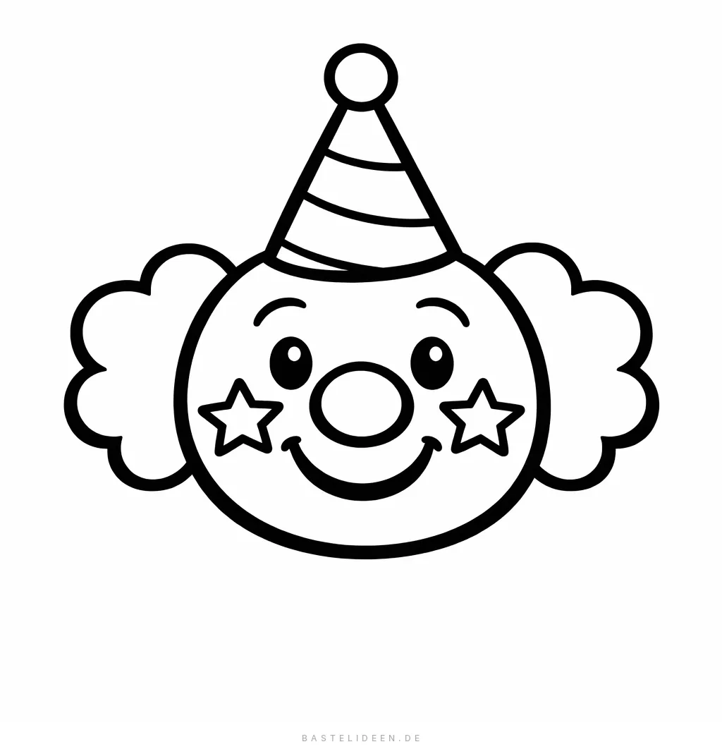 Fröhliches Clown-Gesicht mit Sternchen auf den Wangen und Partyhut