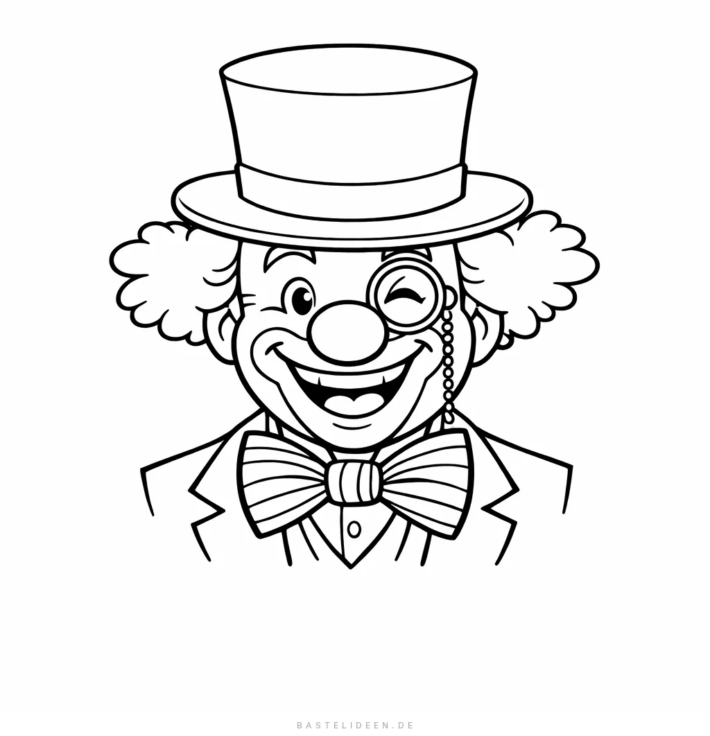 Eleganter Clown mit Zylinderhut, Monokel und gestreifter Fliege