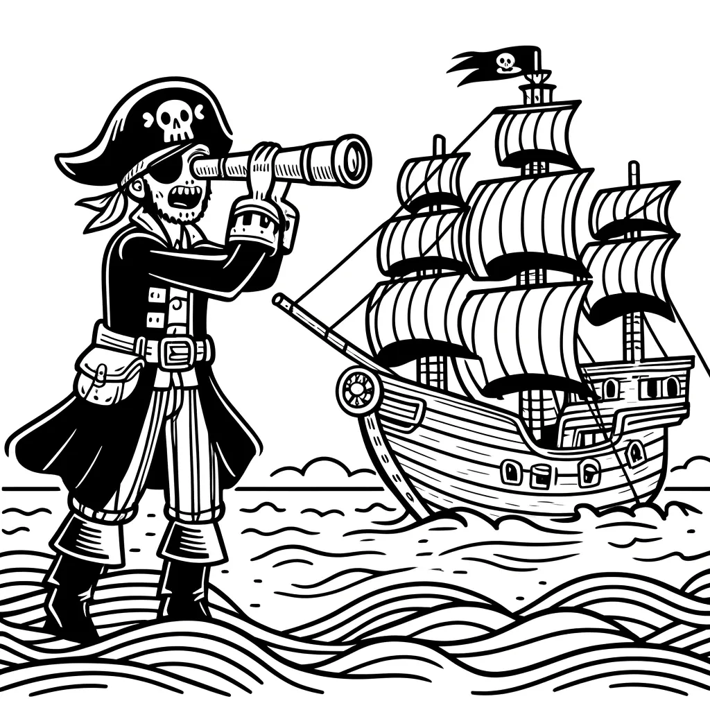 Pirat mit Fernrohr blickt auf sein Schiff