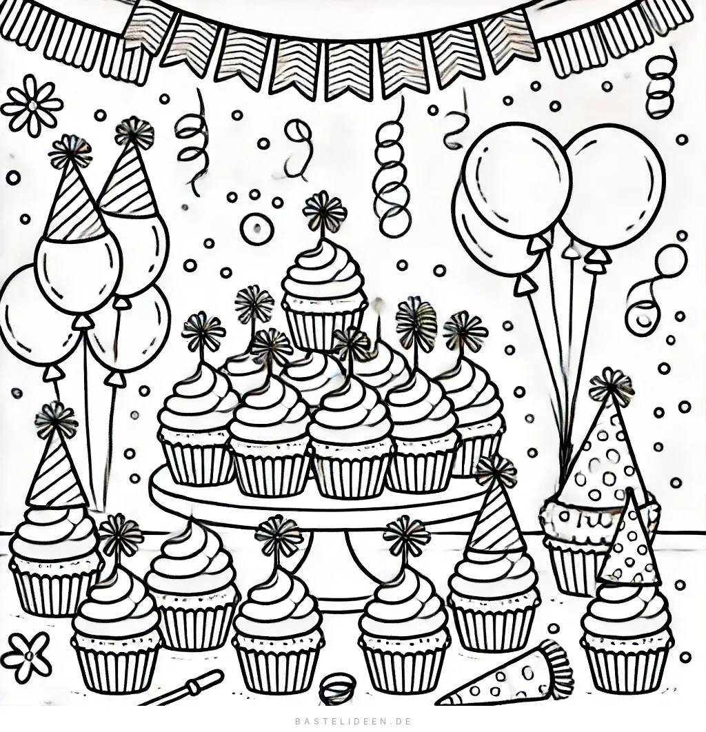 Cupcake-Party-Szene mit Ständer, Ballons und Konfetti