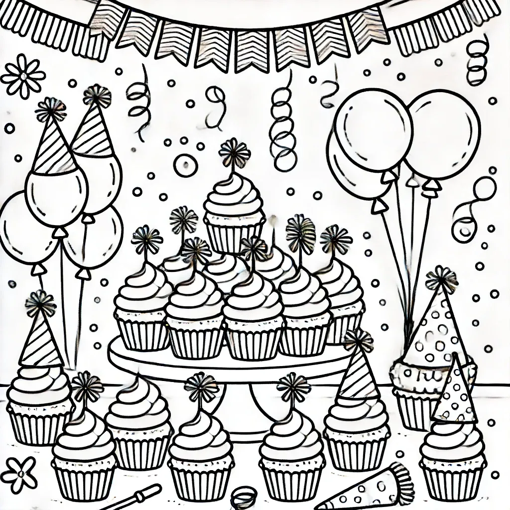 Cupcake-Party-Szene mit Staender, Ballons und Konfetti