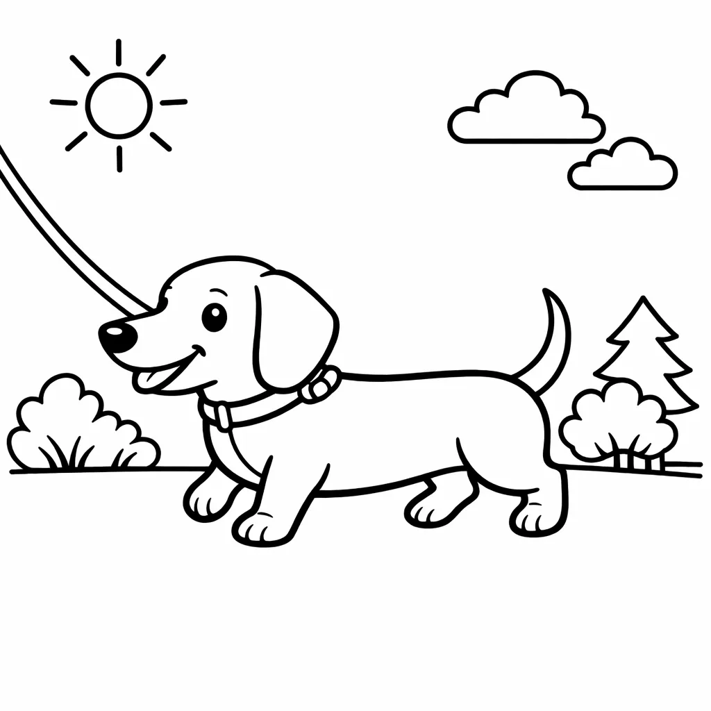 Fröhlicher Dackel an der Leine beim Spaziergang mit Sonne und Wolken