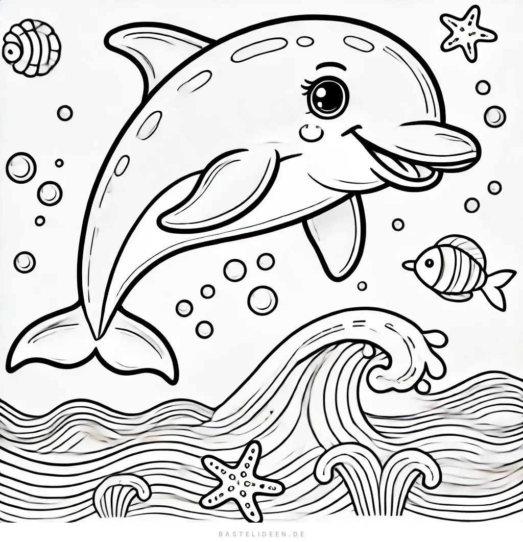 Delfin schwimmt mit Fischen und Seesternen