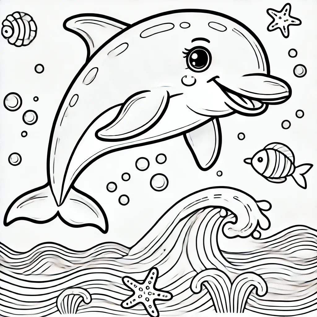 Delfin schwimmt mit Fischen und Seesternen