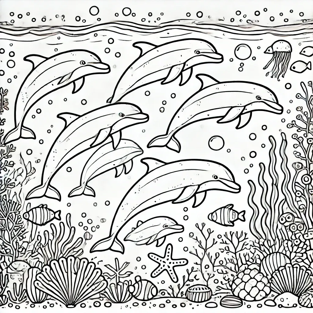 Delfinschule schwimmt durch Korallenriff