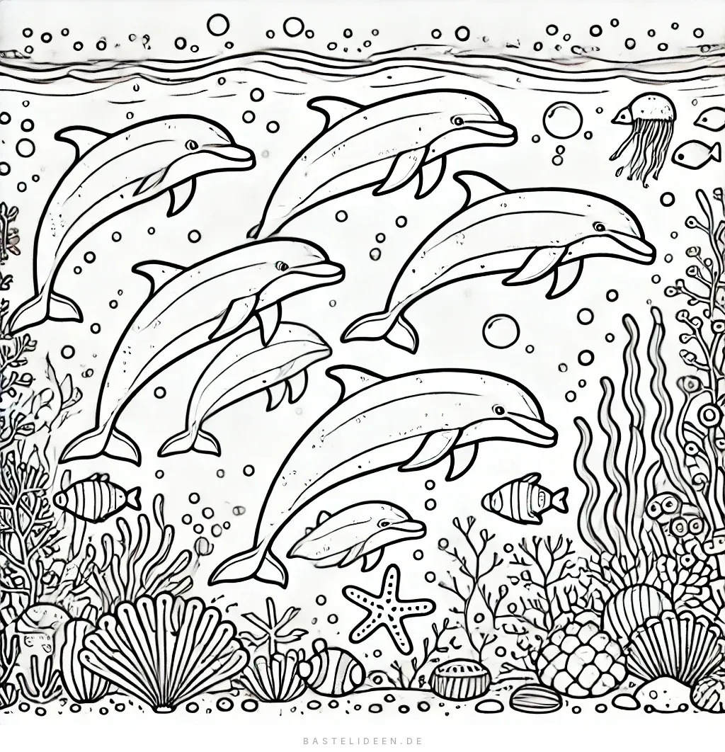 Delfinschule schwimmt durch Korallenriff