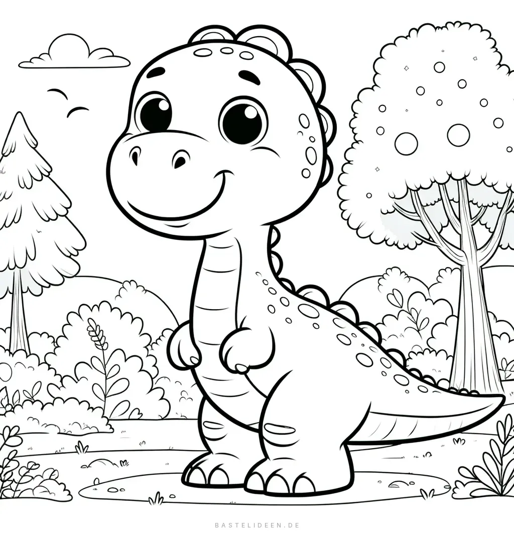 Freundlicher Dinosaurier mit großem Lächeln in Urzeit-Landschaft