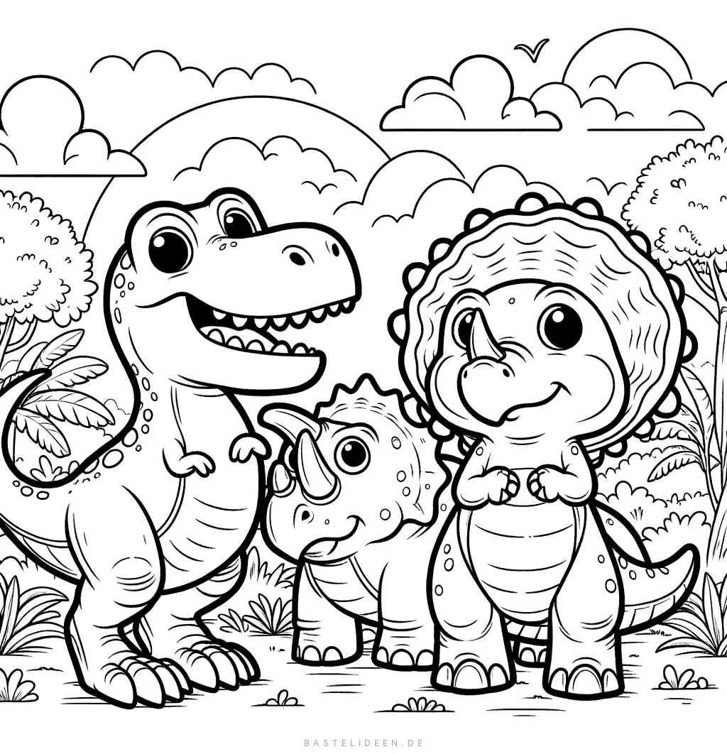 T-Rex, Triceratops und Apatosaurus in prähistorischer Landschaft