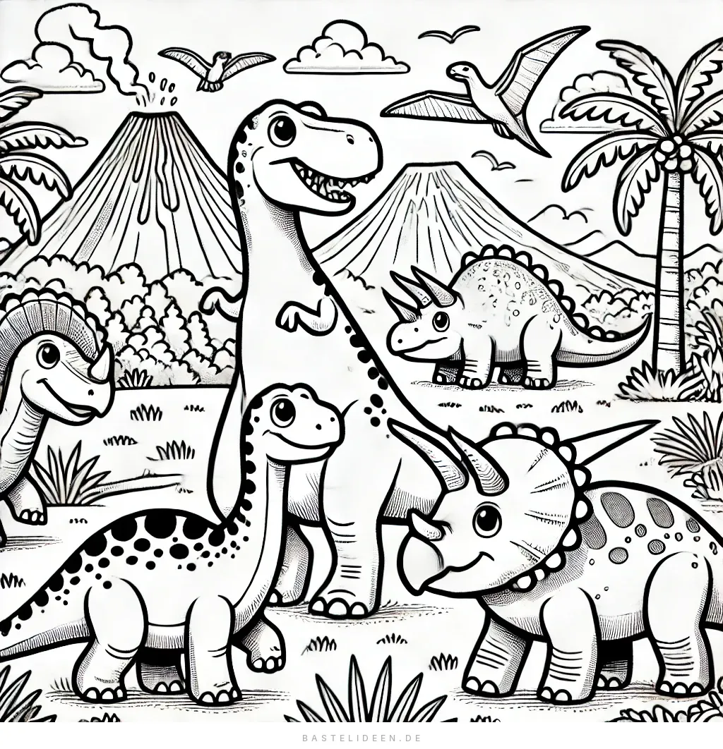 T-Rex, Triceratops und Dinos vor Vulkan und Palmen