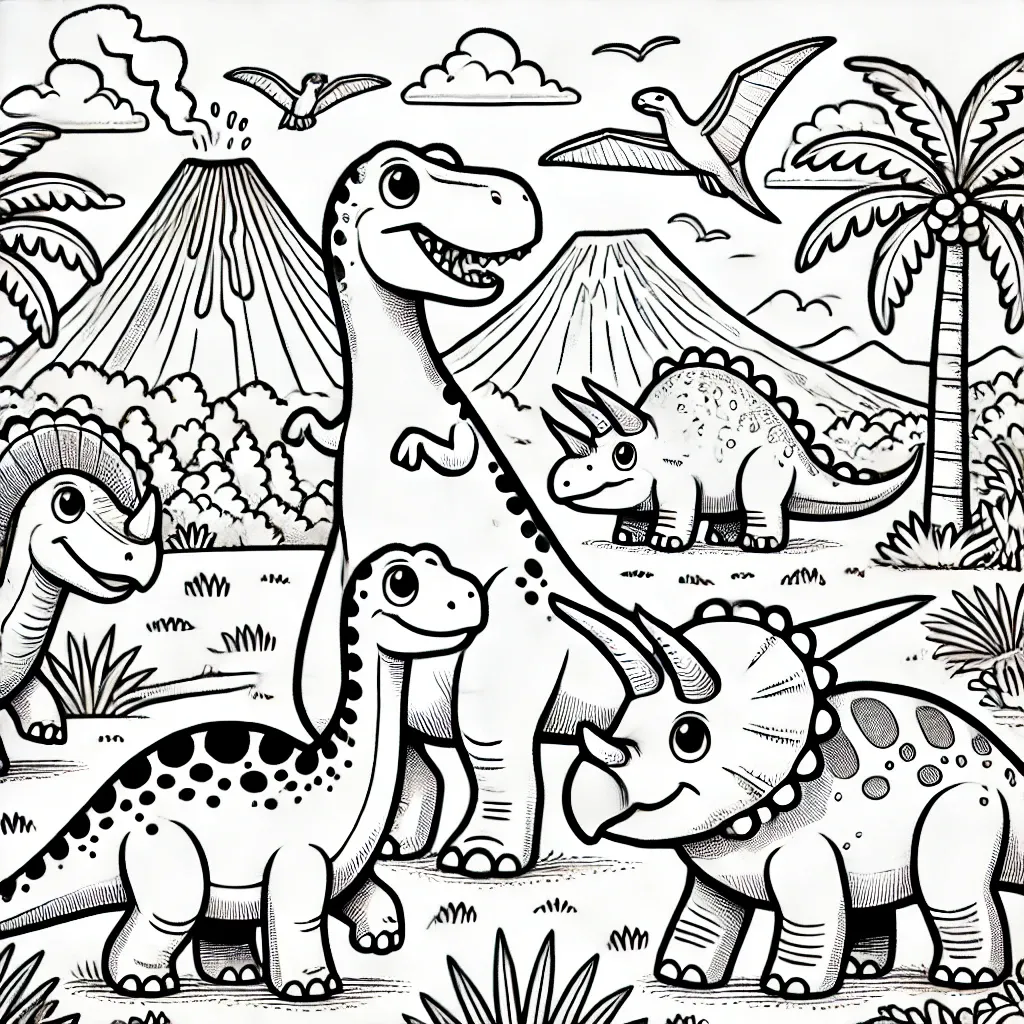 T-Rex, Triceratops und Dinos vor Vulkan und Palmen