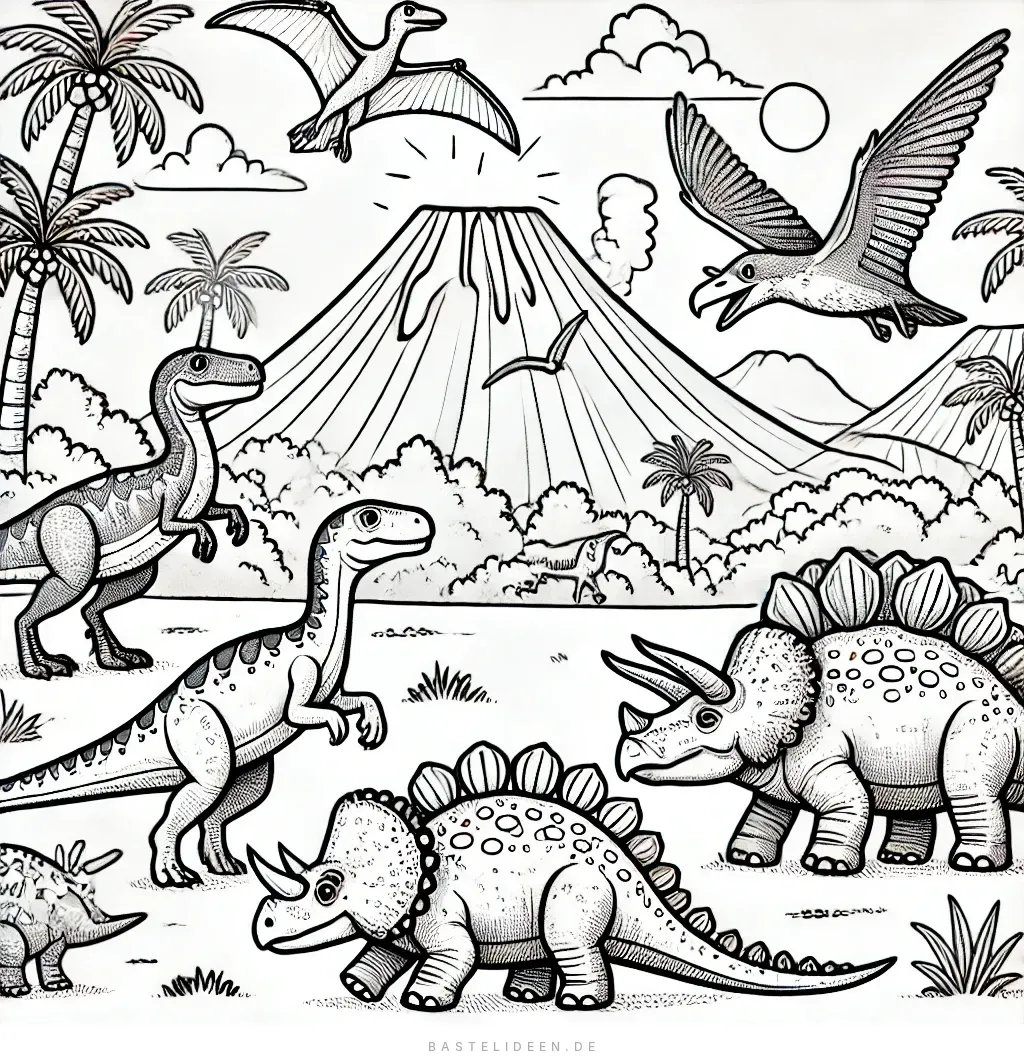 Triceratops, Stegosaurus und Velociraptor vor Vulkan