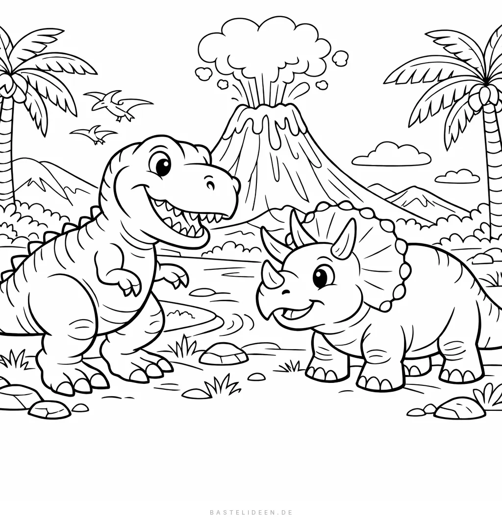 Freundlicher T-Rex und Triceratops vor Vulkan mit Palmen