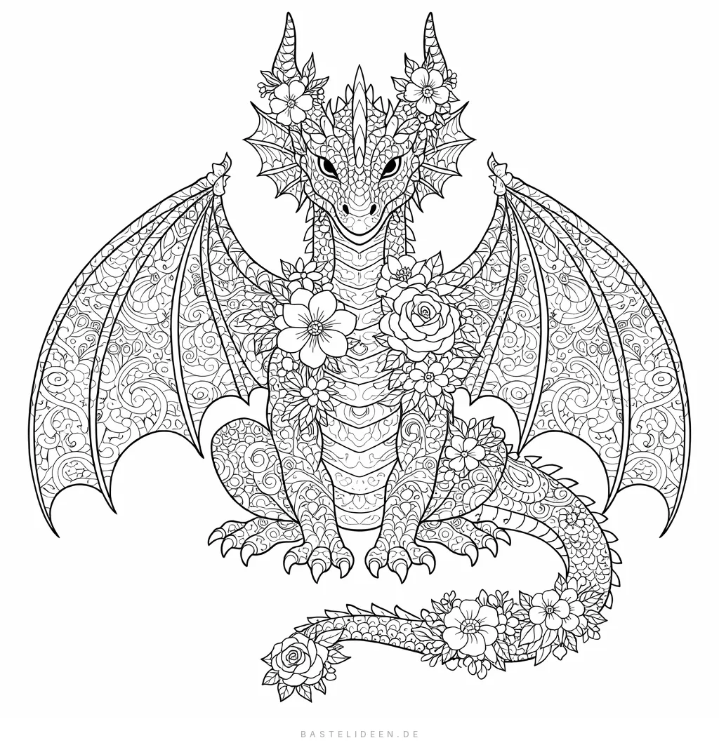 Drache verziert mit floralen Elementen und kunstvollen Zentangle-Mustern