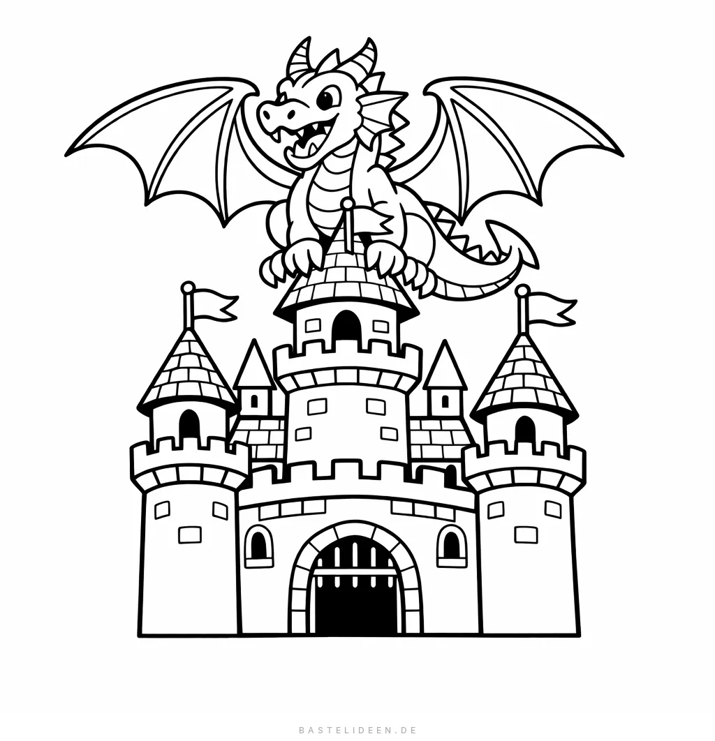 Drache thront auf den Zinnen einer mittelalterlichen Burg