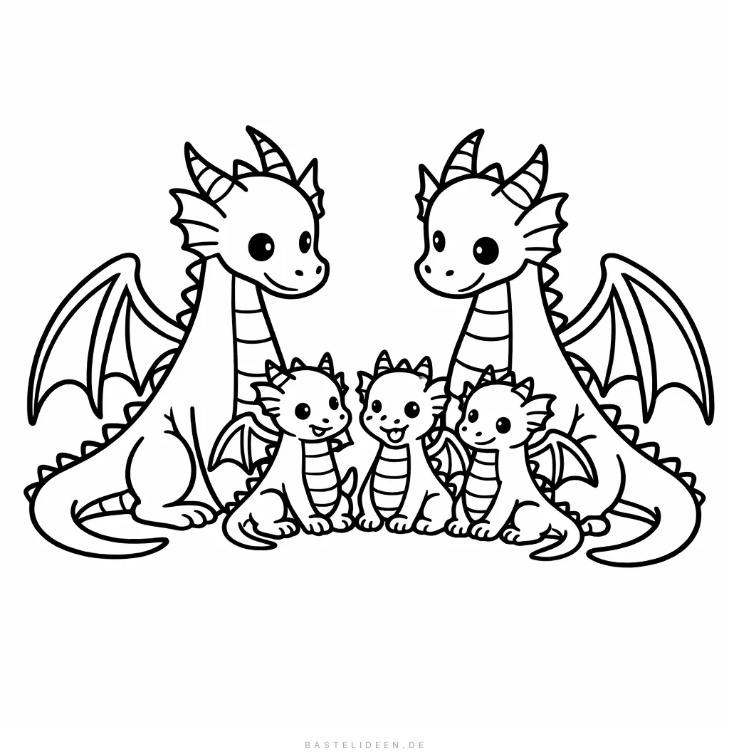 Drachenfamilie mit Elterntieren und niedlichen Babydrachen