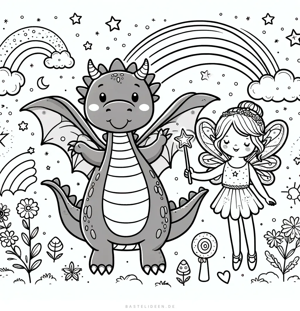 Freundlicher Drache und Fee in Märchenwelt