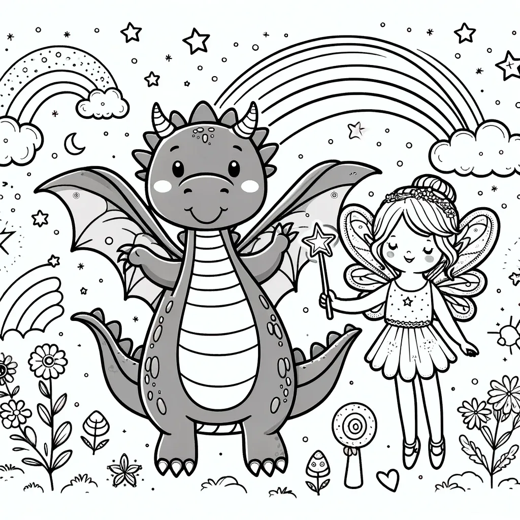 Freundlicher Drache und Fee in Märchenwelt