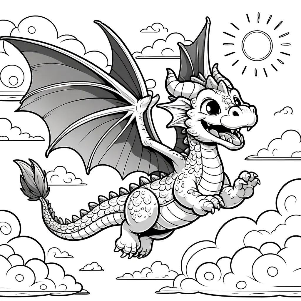 Fröhlicher Drache fliegt zwischen Wolken im Sonnenlicht