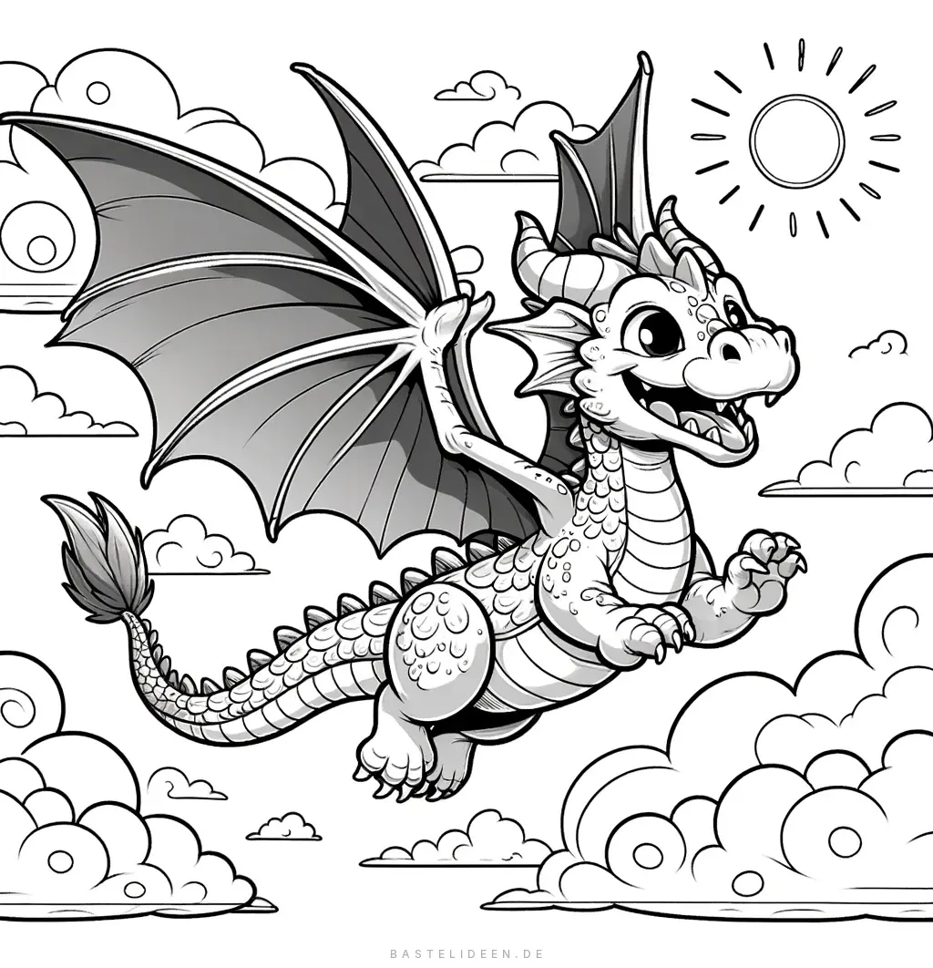 Fröhlicher Drache fliegt zwischen Wolken im Sonnenlicht