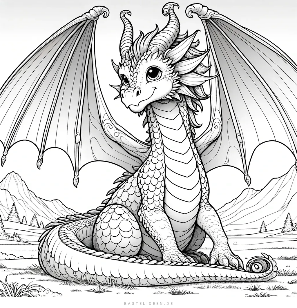 Majestätischer Drache mit Flügeln vor Bergkulisse