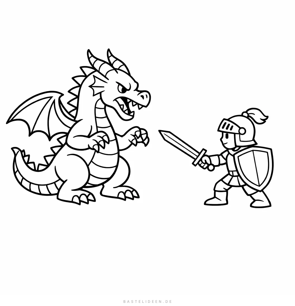 Drache konfrontiert tapferen Ritter mit Schwert und Schild
