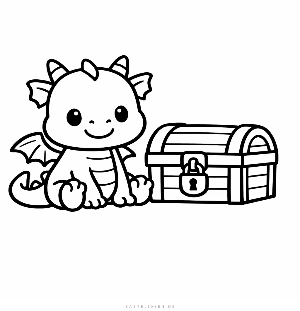 Drache sitzt neben einer Schatztruhe mit großen Münzen