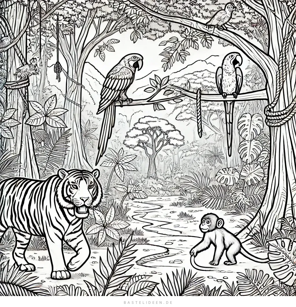 Tiger, Affe und Papageien im lebhaften Dschungel