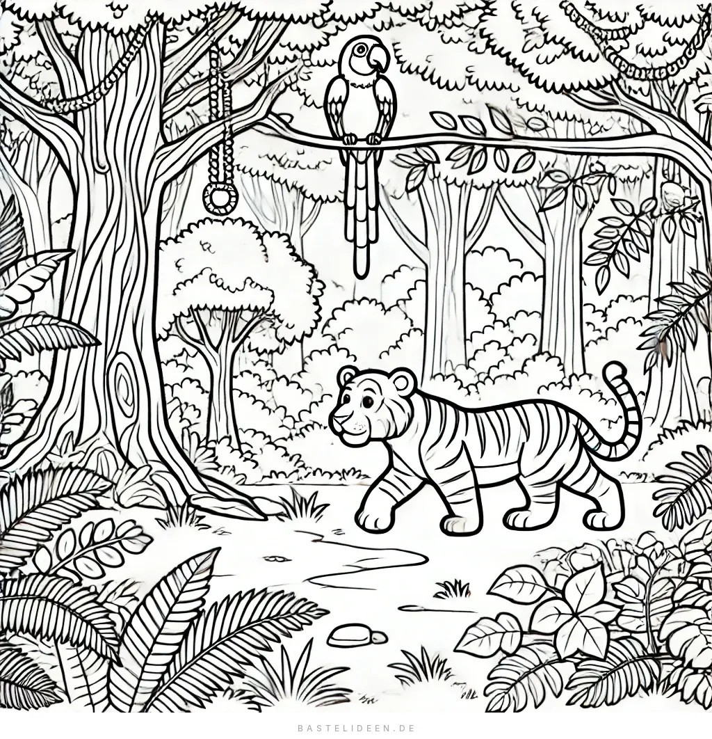 Verspielter Tiger und bunter Papagei im Dschungel