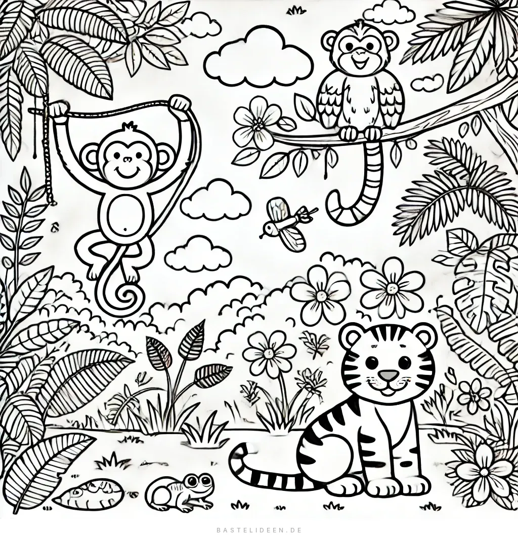 Affen und Tigerjunges im üppigen Dschungel