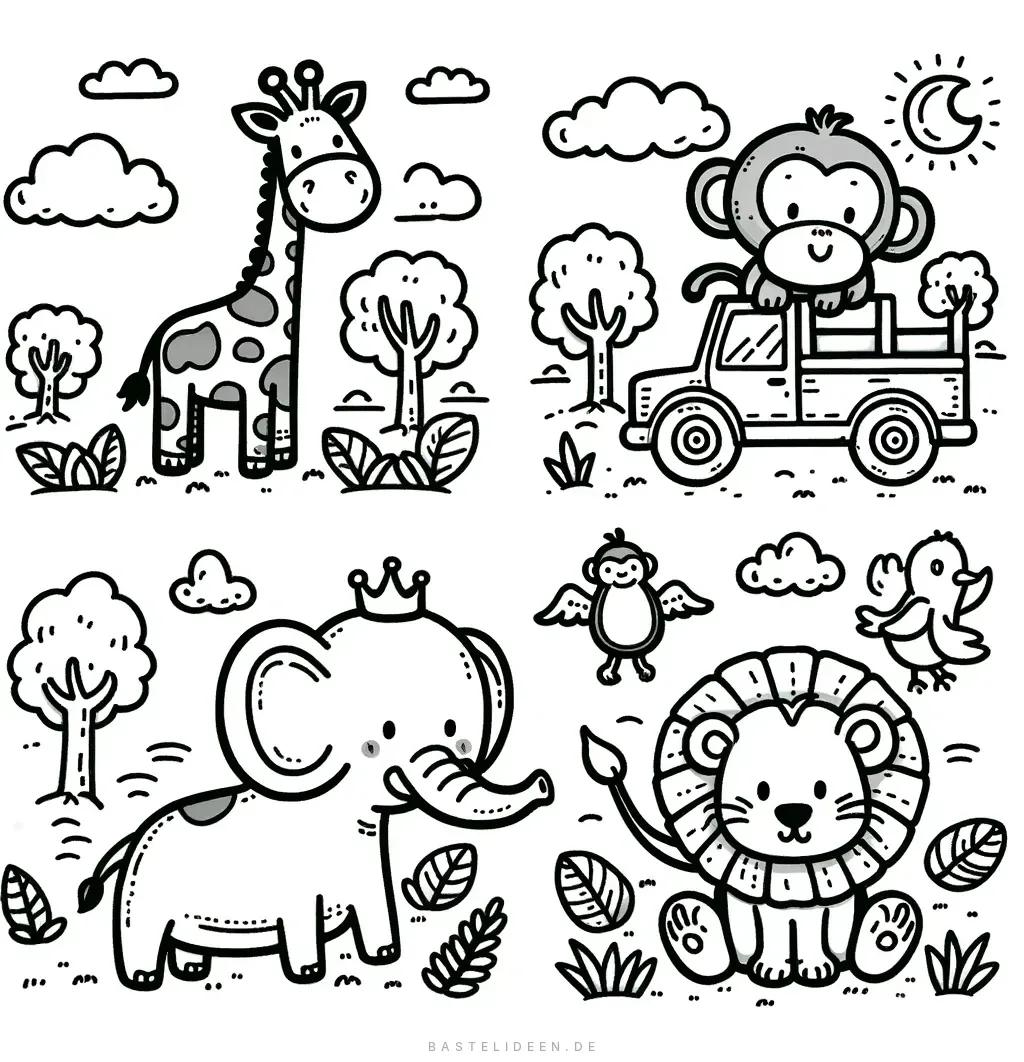 Giraffe, Elefant und Affe im Jeep