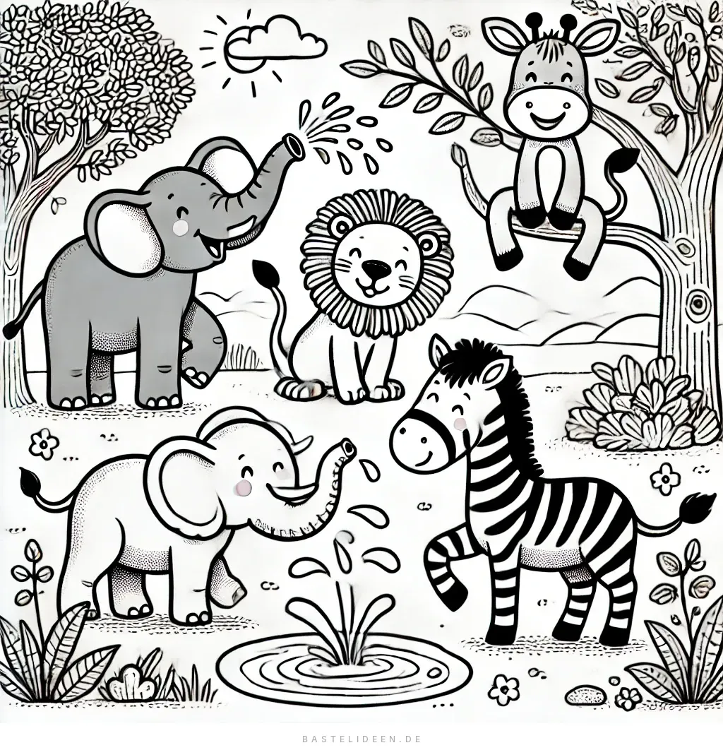 Elefanten, Zebra, Löwe und Giraffe in der Natur