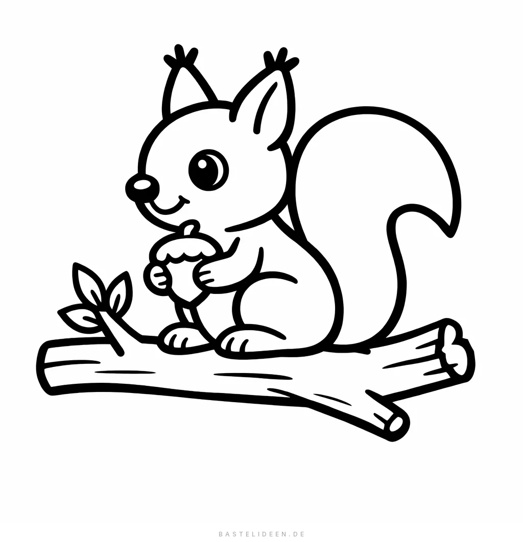 Fröhliches Eichhörnchen sitzt auf einem Ast und hält eine Eichel