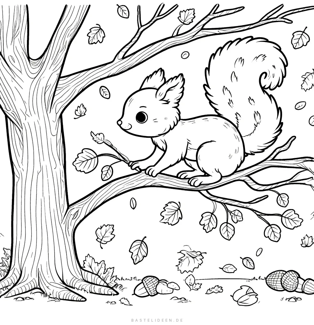 Verspieltes Eichhörnchen auf Ast mit Herbstblättern