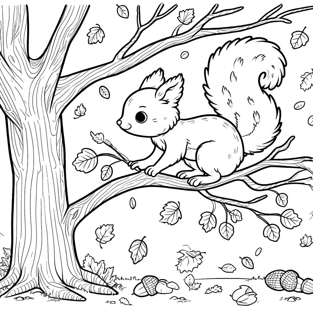 Verspieltes Eichhörnchen auf Ast mit Herbstblaettern