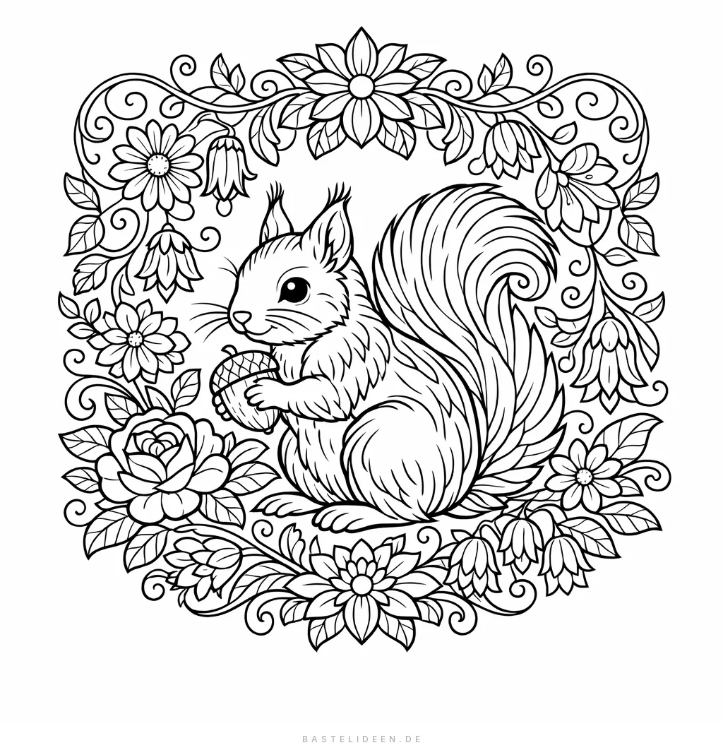 Elegantes Eichhörnchen umrahmt von einem detaillierten Kranz aus Blumen und Ranken