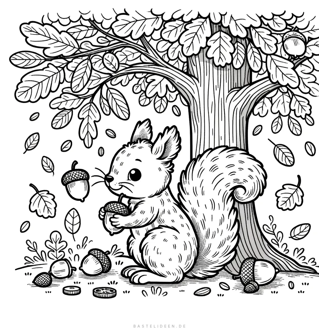 Eichhörnchen sammelt Eicheln mit fallenden Blättern