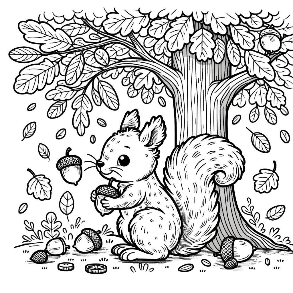 Eichhörnchen sammelt Eicheln mit fallenden Blättern