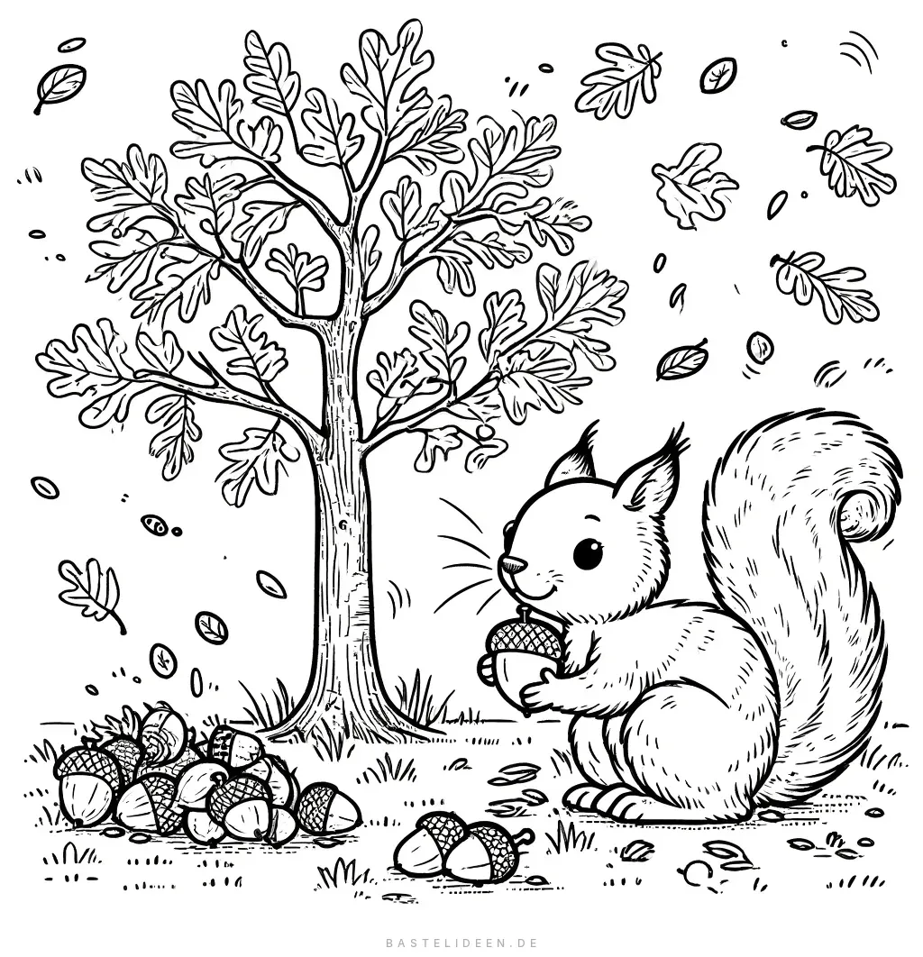 Eichhörnchen sammelt Eicheln unter Eichenbaum