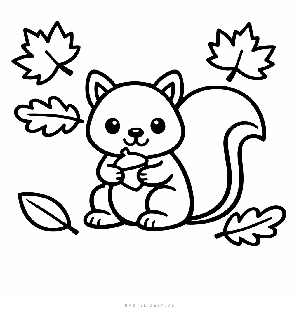 Niedliches Eichhörnchen mit Eichel umgeben von fallenden Herbstblättern