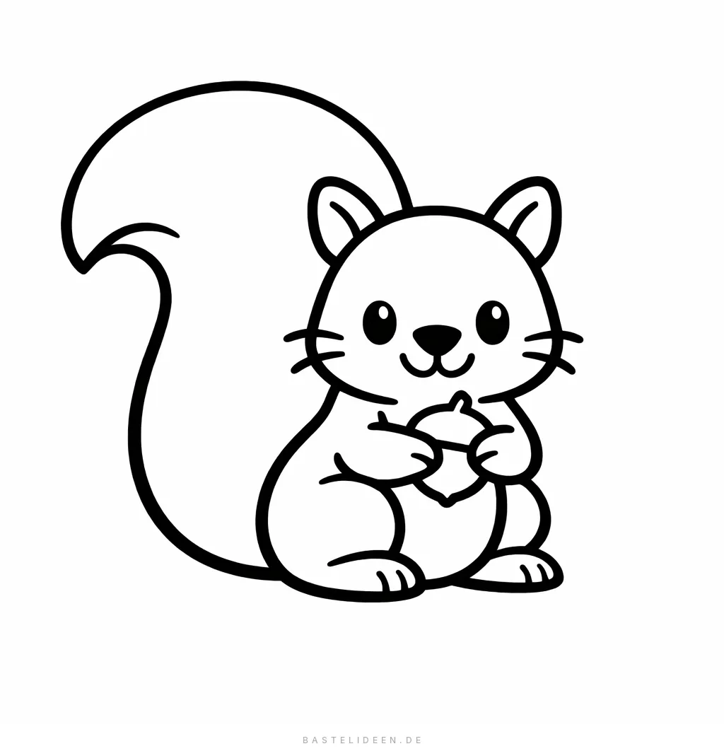 Niedliches Eichhörnchen mit buschigem Schwanz hält eine Eichel