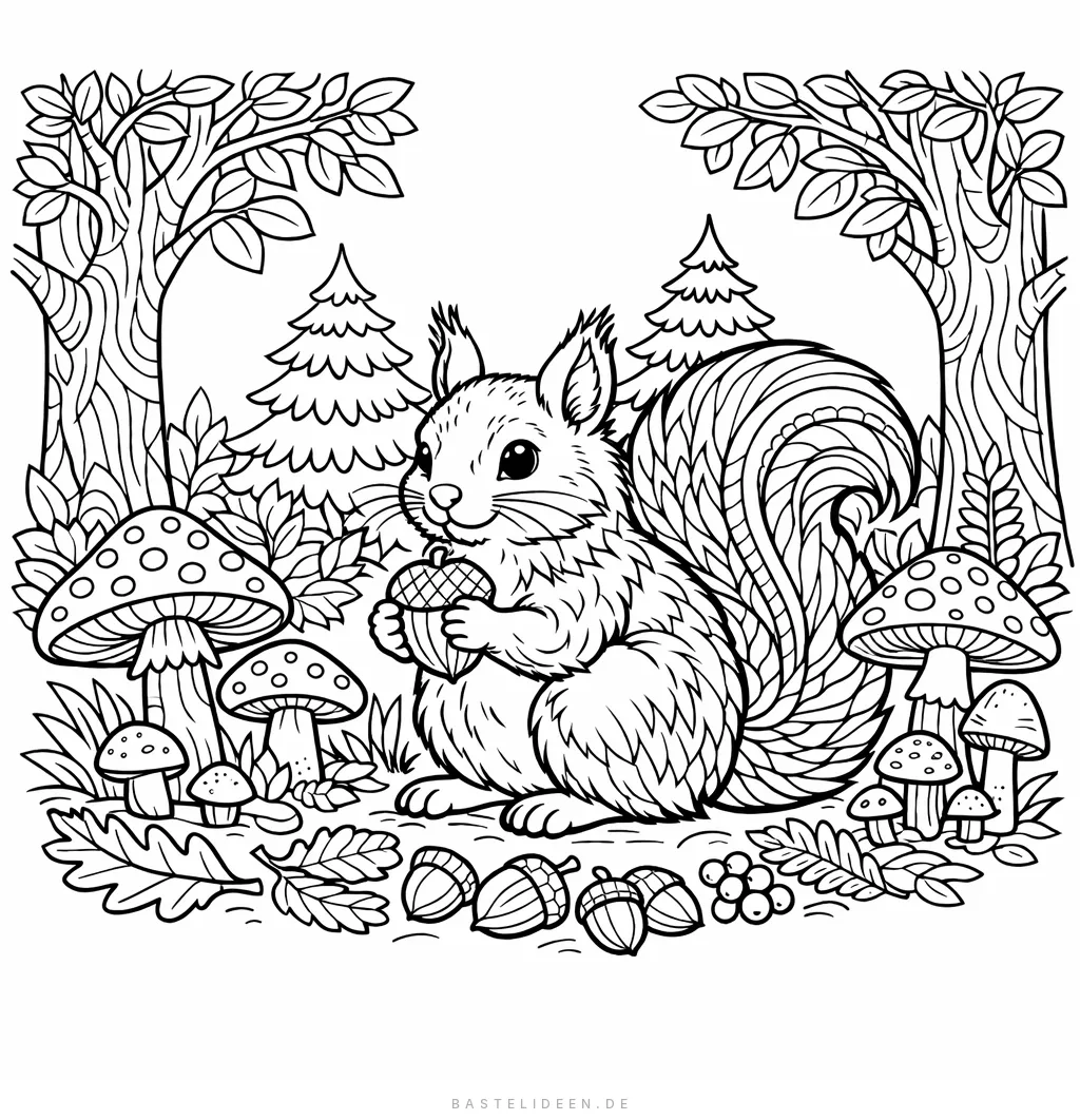 Detailliertes Eichhörnchen im Wald mit Bäumen, Pilzen, Blättern und Eicheln