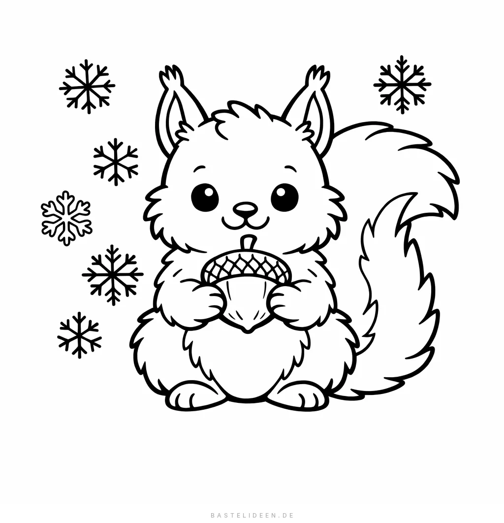 Flauschiges Eichhörnchen im Winter hält eine Nuss, umgeben von Schneeflocken