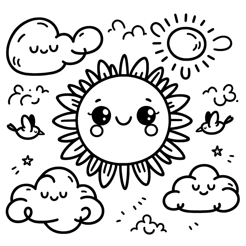 Lächelnde Sonne mit Wolken und Vögeln