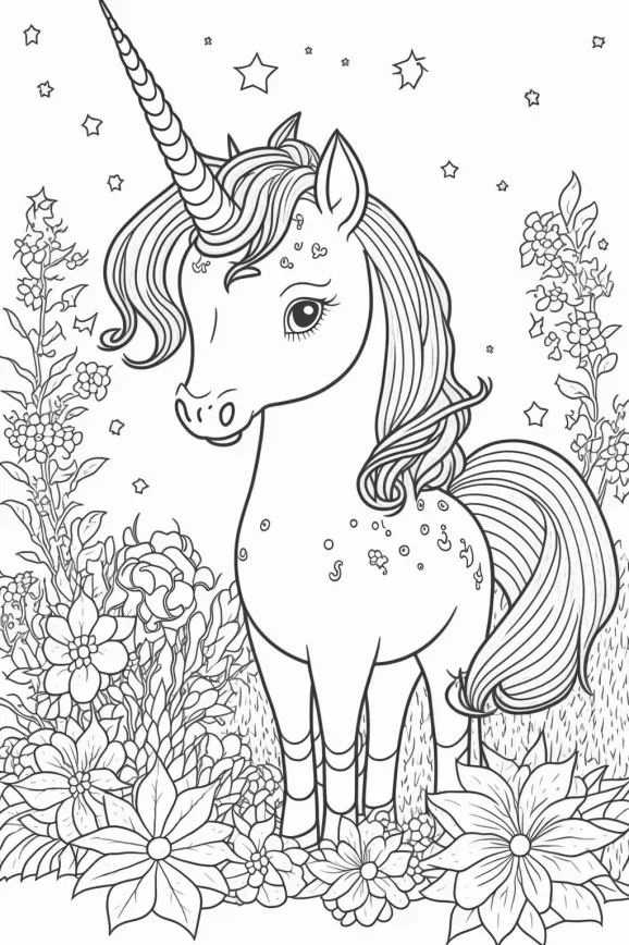 Einhorn in einem Blumengarten mit Sternen