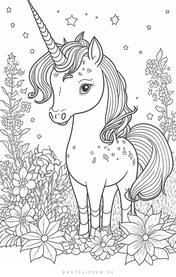 Einhorn in einem Blumengarten mit Sternen