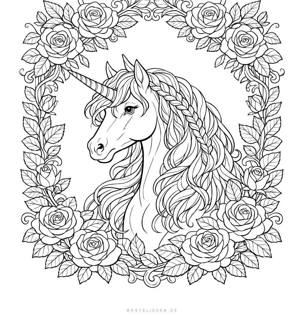 Elegantes Einhorn umrahmt von detaillierten Rosen und Blättern