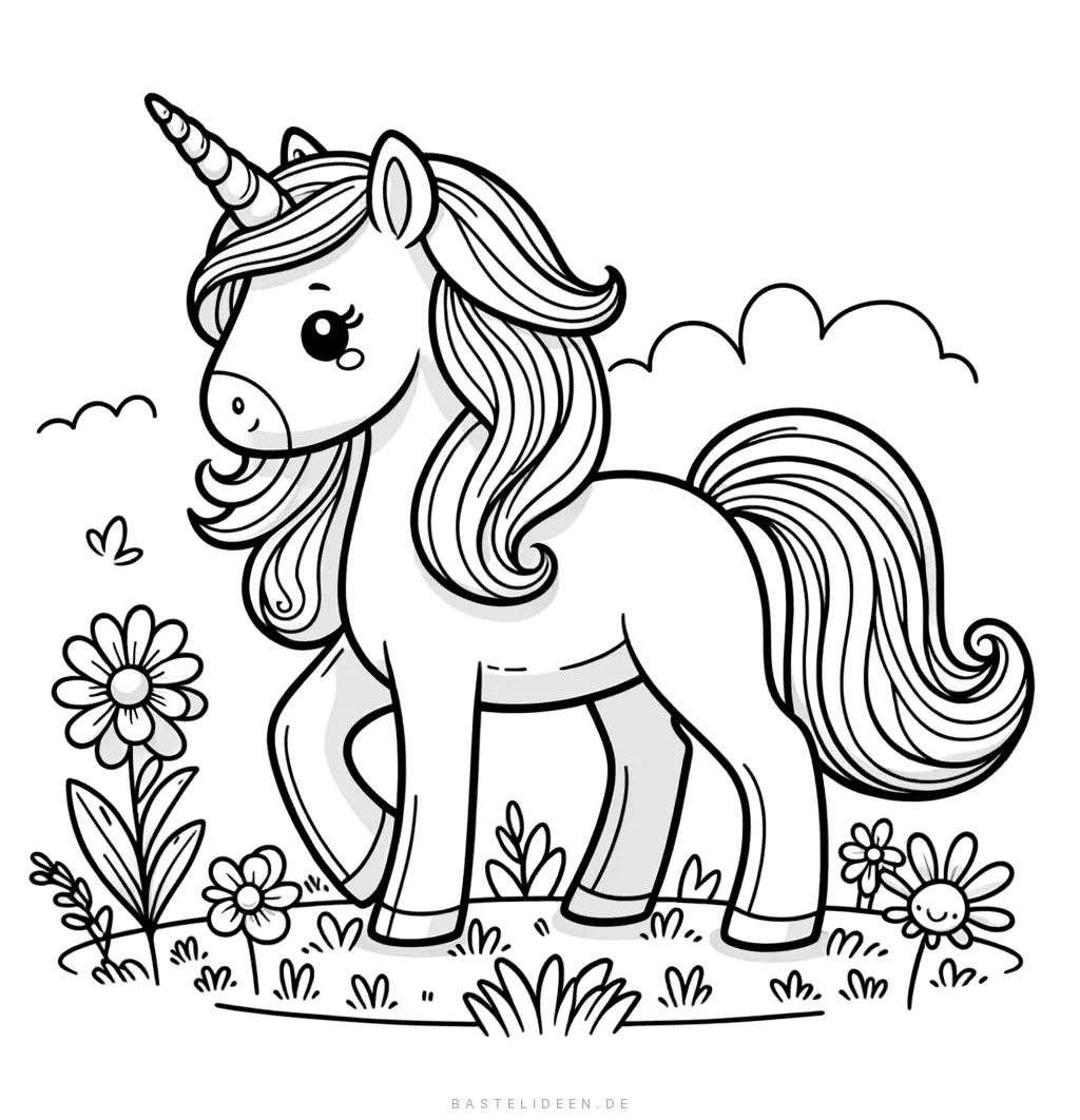 Einhorn auf einer Wiese mit Blumen und Wolken