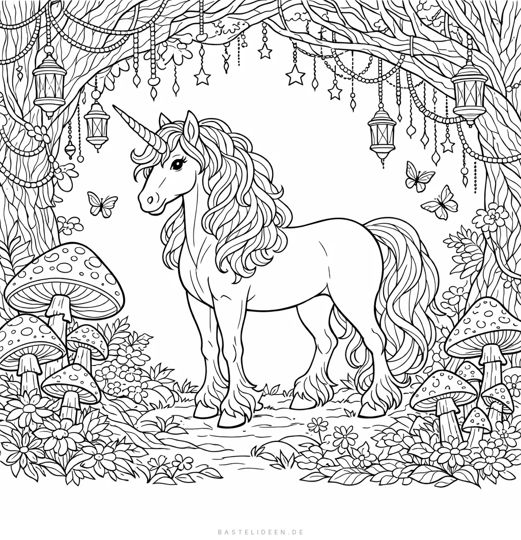 Einhorn in magischem Feenwald mit Laternen, Pilzen und Schmetterlingen