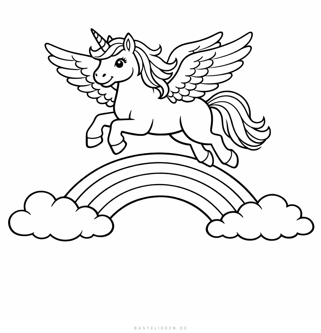 Geflügeltes Einhorn schwebt anmutig über buntem Regenbogen